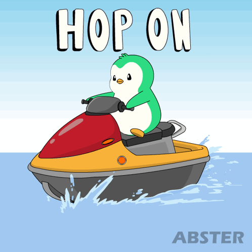 A Cartoon Of A Penguin On A Jet Ski Says Hop On GIF
