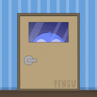 A Cartoon Of A Penguin Peeking Out Of A Door That Says Pengu GIF