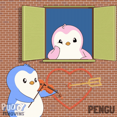 A Cartoon Of A Penguin Playing A Violin And A Penguin Drawing A Heart With An Arrow GIF