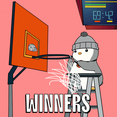 A Cartoon Of A Penguin Playing Basketball With The Words " Winners " On The Bottom GIF