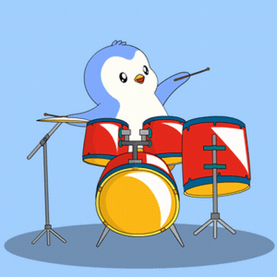 A Cartoon Of A Penguin Playing Drums With The Letter H In The Middle GIF