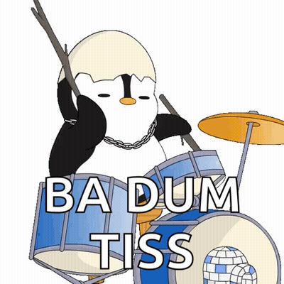 A Cartoon Of A Penguin Playing Drums With The Words Ba Dum Tiss Below Him GIF