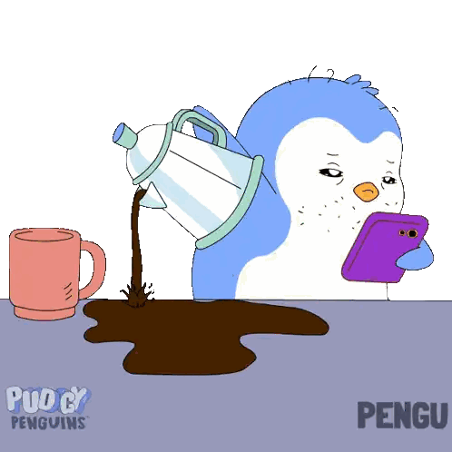 A Cartoon Of A Penguin Pouring Coffee Into A Cup With The Words Pudgy Penguins On The Bottom Sticker