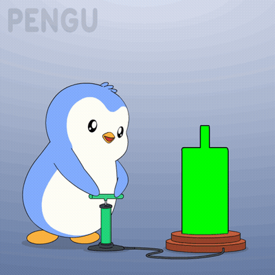A Cartoon Of A Penguin Pumping A Green Object With The Word Pengu In The Background GIF