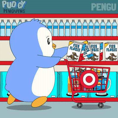 A Cartoon Of A Penguin Pushing A Shopping Cart Full Of Fish Flakes GIF