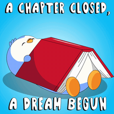 A Cartoon Of A Penguin Reading A Book With The Words A Chapter Closed A Dream Begun Below It GIF