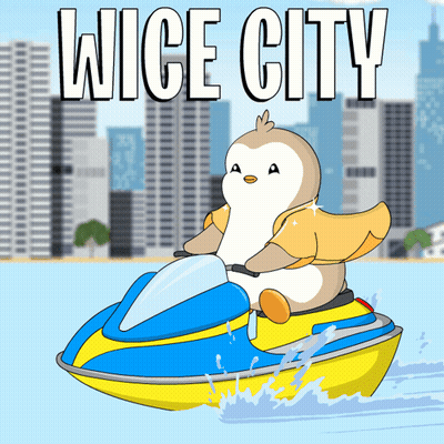 A Cartoon Of A Penguin Riding A Jet Ski With The Words Wise City Above It GIF