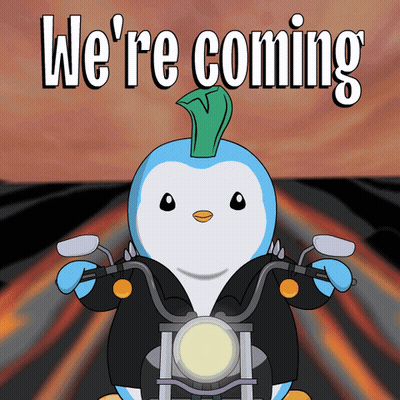 A Cartoon Of A Penguin Riding A Motorcycle With The Words " We 'Re Coming " Above Him GIF