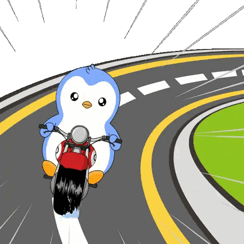 A Cartoon Of A Penguin Riding A Red Motorcycle On A Road Sticker
