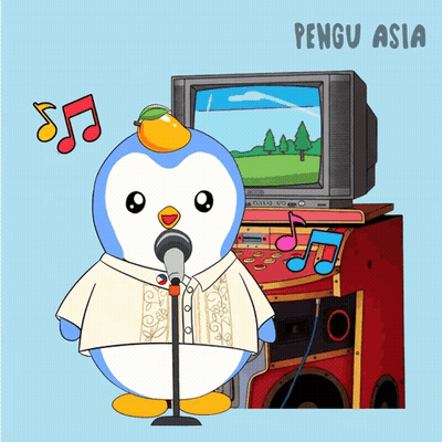 A Cartoon Of A Penguin Singing Into A Microphone With Pengu Asia Written On The Bottom Right GIF