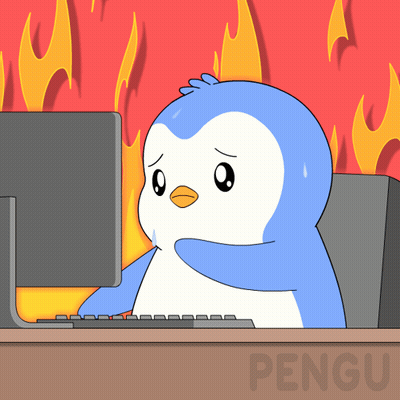 A Cartoon Of A Penguin Sitting At A Desk In Front Of A Computer With The Word Pengu On The Bottom Right GIF