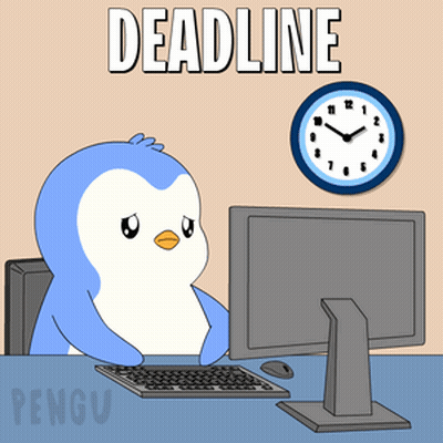 A Cartoon Of A Penguin Sitting At A Desk With A Computer And A Clock Behind It That Says Deadline GIF