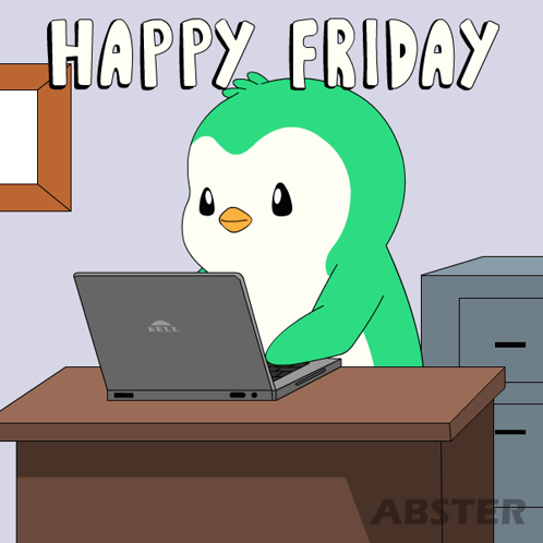 A Cartoon Of A Penguin Sitting At A Desk With A Dell Laptop GIF