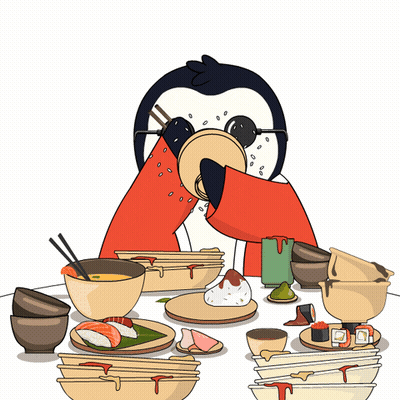 A Cartoon Of A Penguin Sitting At A Table Eating Food GIF