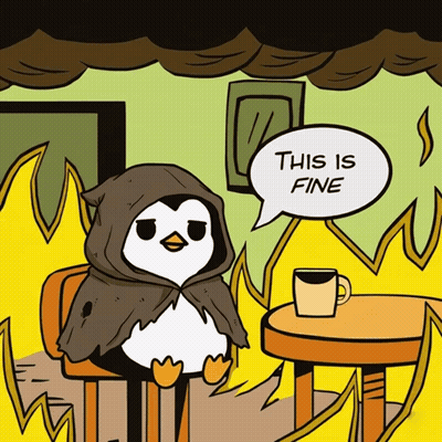 A Cartoon Of A Penguin Sitting At A Table With A Speech Bubble That Says " This Is Fine " GIF