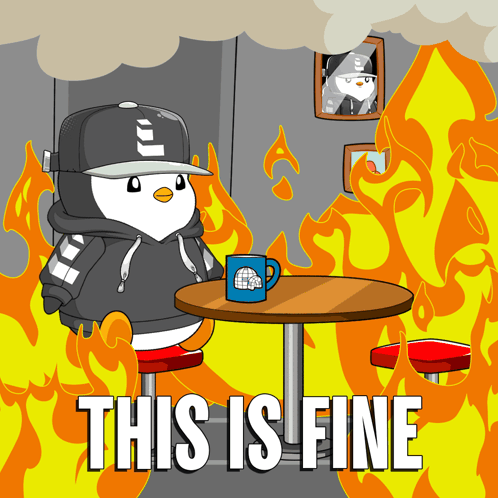A Cartoon Of A Penguin Sitting At A Table With The Words This Is Fine Below Him GIF