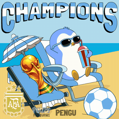 A Cartoon Of A Penguin Sitting In A Beach Chair Holding A Trophy And Drink GIF