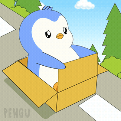 A Cartoon Of A Penguin Sitting In A Cardboard Box With The Word Pengu On The Bottom GIF
