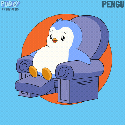 A Cartoon Of A Penguin Sitting In A Chair With The Name Pengu Written Above It GIF