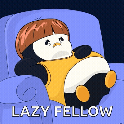 A Cartoon Of A Penguin Sitting In A Chair With The Words Lazy Fellow Below Him GIF