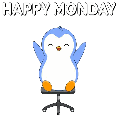 A Cartoon Of A Penguin Sitting In An Office Chair With The Words Happy Monday Above It Sticker