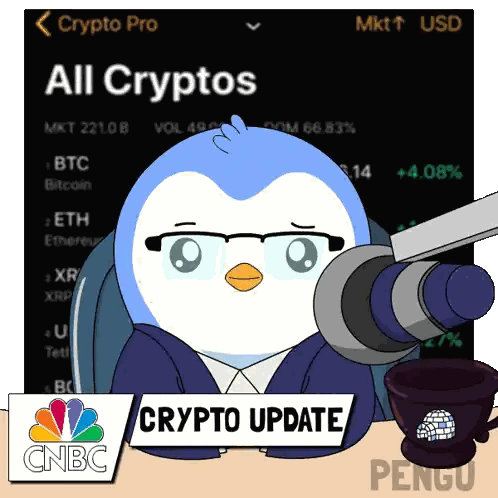 A Cartoon Of A Penguin Sitting In Front Of A Microphone With The Words Crypto Update Written On It Sticker