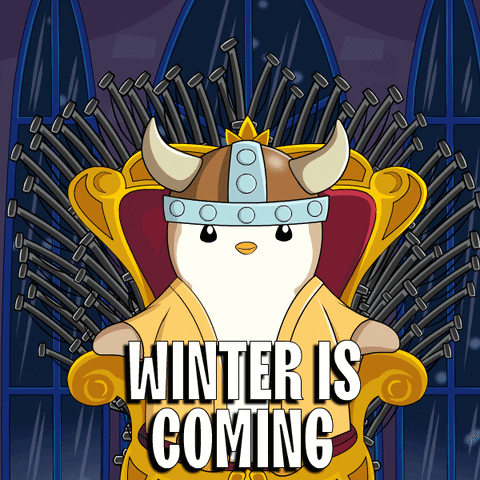 A Cartoon Of A Penguin Sitting On A Throne With The Words Winter Is Coming GIF