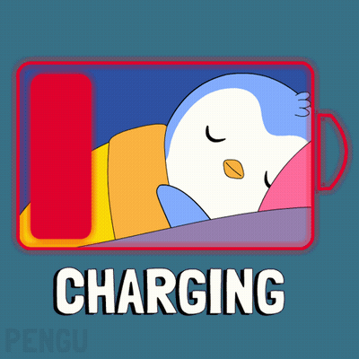 A Cartoon Of A Penguin Sleeping Next To A Charging Battery GIF