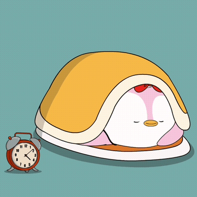 A Cartoon Of A Penguin Sleeping Next To An Alarm Clock GIF