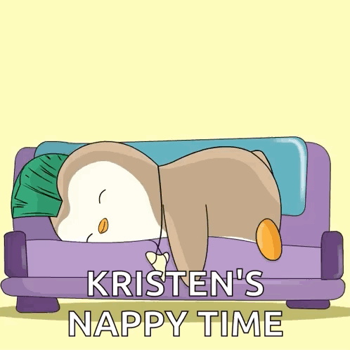 A Cartoon Of A Penguin Sleeping On A Couch With The Words Kristen 'S Nappy Time GIF