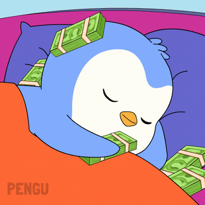 A Cartoon Of A Penguin Sleeping With Stacks Of Money On His Head GIF
