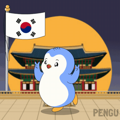 A Cartoon Of A Penguin Standing In Front Of A Flag With The Word Pengu On The Bottom GIF