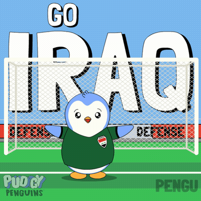A Cartoon Of A Penguin Standing In Front Of A Goal With The Words Go Iraq Behind Him GIF