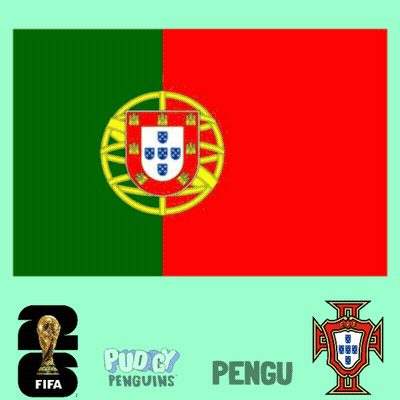 A Cartoon Of A Penguin Standing Next To A Flag And A Soccer Ball With The Word Pengu Below It GIF