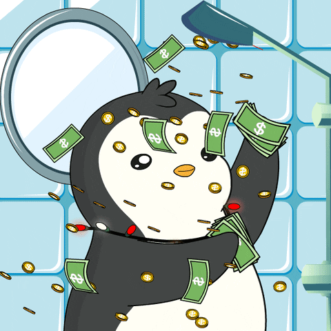A Cartoon Of A Penguin Surrounded By Money And Coins With A Dollar Sign On It GIF
