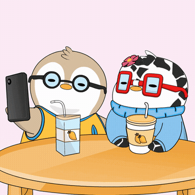 A Cartoon Of A Penguin Taking A Selfie Next To A Cow Wearing Glasses GIF