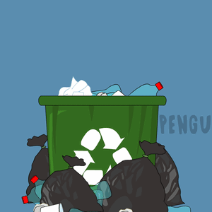 A Cartoon Of A Penguin Throwing Trash Into A Recycling Bin With The Word Pengu On The Bottom GIF