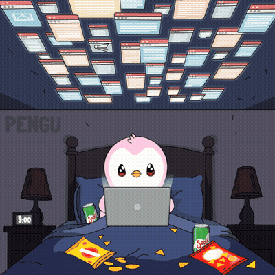 A Cartoon Of A Penguin Using A Laptop And A Clock That Says 3.00 GIF