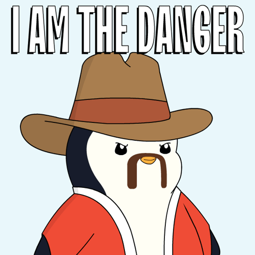 A Cartoon Of A Penguin Wearing A Cowboy Hat With The Words I Am The Danger Above Him GIF