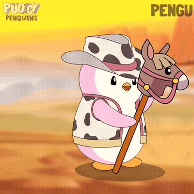 A Cartoon Of A Penguin Wearing A Cowboy Outfit And Holding A Stick With The Name Pengu On The Bottom GIF