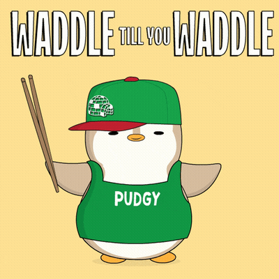 A Cartoon Of A Penguin Wearing A Green Shirt That Says Pudgy On It GIF