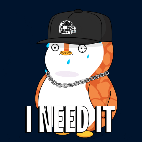 A Cartoon Of A Penguin Wearing A Hat And A Chain Around His Neck Says I Need It GIF