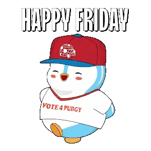 A Cartoon Of A Penguin Wearing A Hat And A Shirt That Says Vote 4 Pudgy Sticker