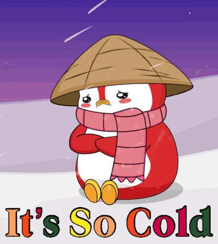 A Cartoon Of A Penguin Wearing A Hat And Scarf With The Words " It 'S So Cold " Below It GIF