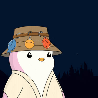 A Cartoon Of A Penguin Wearing A Hat With Hooks And Fish On It GIF