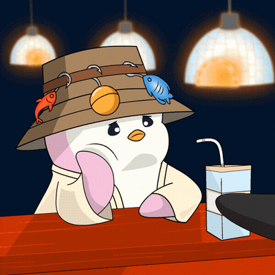 A Cartoon Of A Penguin Wearing A Hat With Hooks On It GIF
