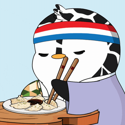 A Cartoon Of A Penguin Wearing A Headband And Chopsticks Eating A Plate Of Dumplings GIF