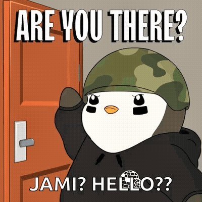 A Cartoon Of A Penguin Wearing A Helmet With The Words Are You There Jami Hello On The Bottom GIF