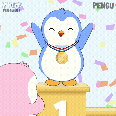 A Cartoon Of A Penguin Wearing A Medal With The Letter P On It Standing On A Podium GIF