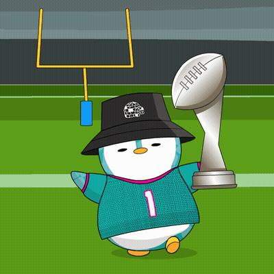 A Cartoon Of A Penguin Wearing A Number 1 Jersey Holding A Football And A Trophy GIF